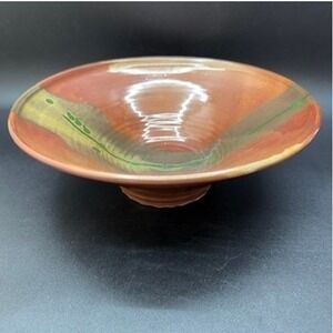 Handmade Ceramic Bowl Rustic Earth Tones Green Accents Artist‎ Signed Cottage